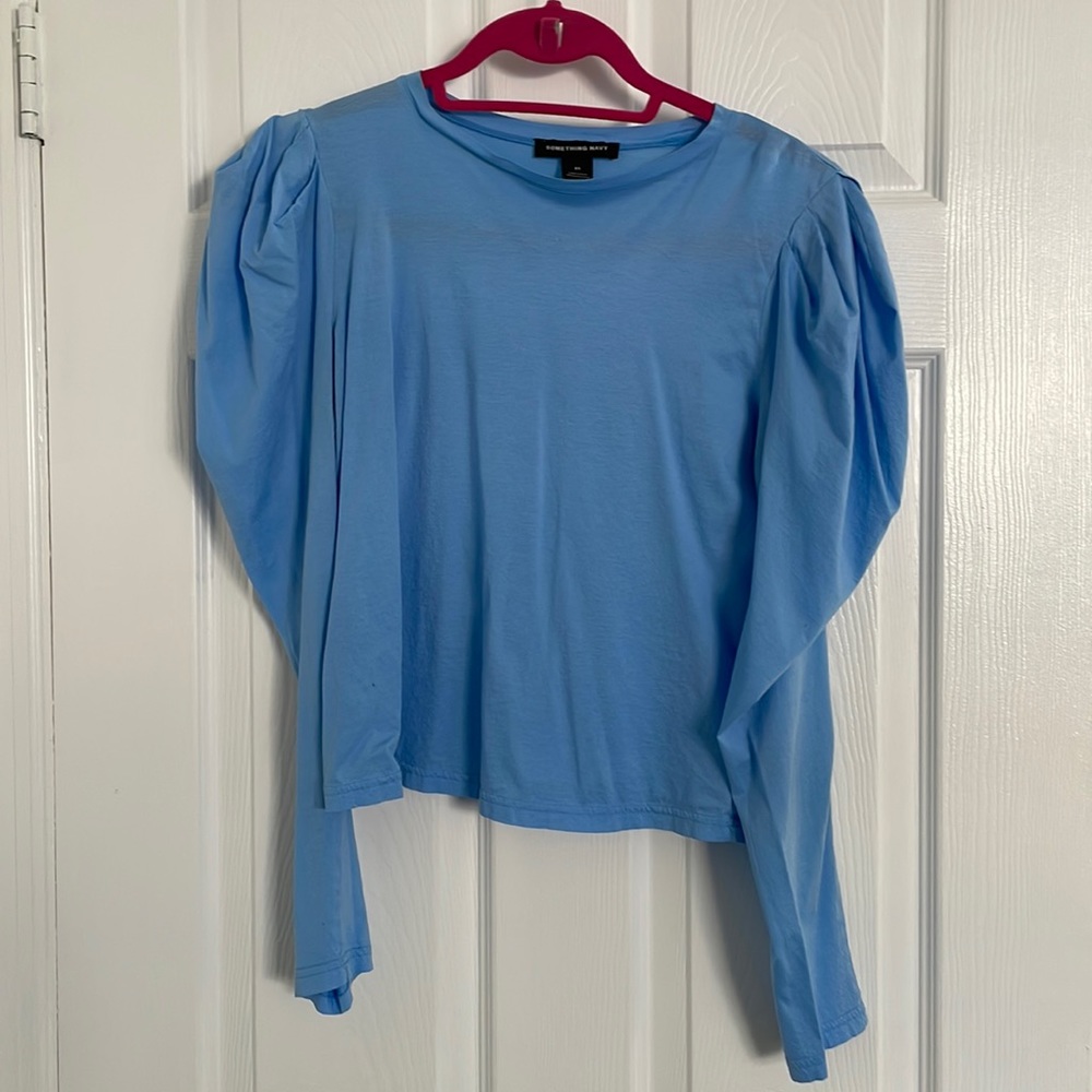 Something Navy sky blue long sleeve shirt with puffy shoulders